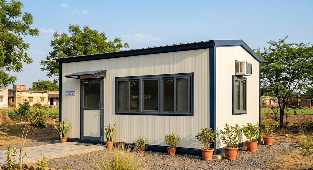 Custom PUF Panel Cabin - Cream Navy Cabin with Garden Landscaping Ahmedabad
