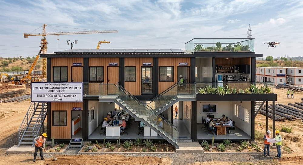 Custom Site Office - Two Storey Wood Finish Cabin with Rooftop Terrace