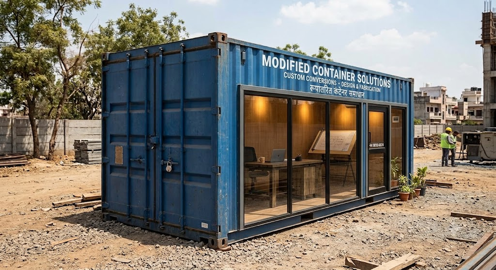 Modified Shipping Container - Blue Container with Glass Door Office Conversion Gujarat