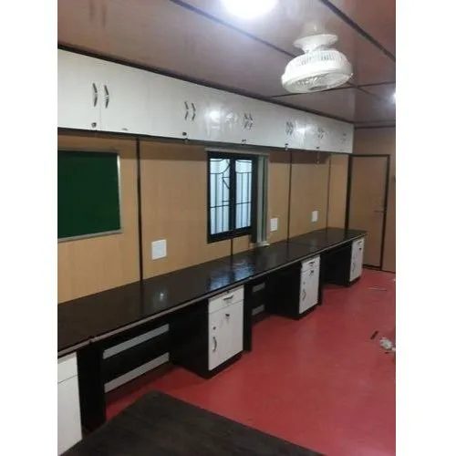 Portable Site Office Cabin Interior - Workstation Desks and Storage Cabinets