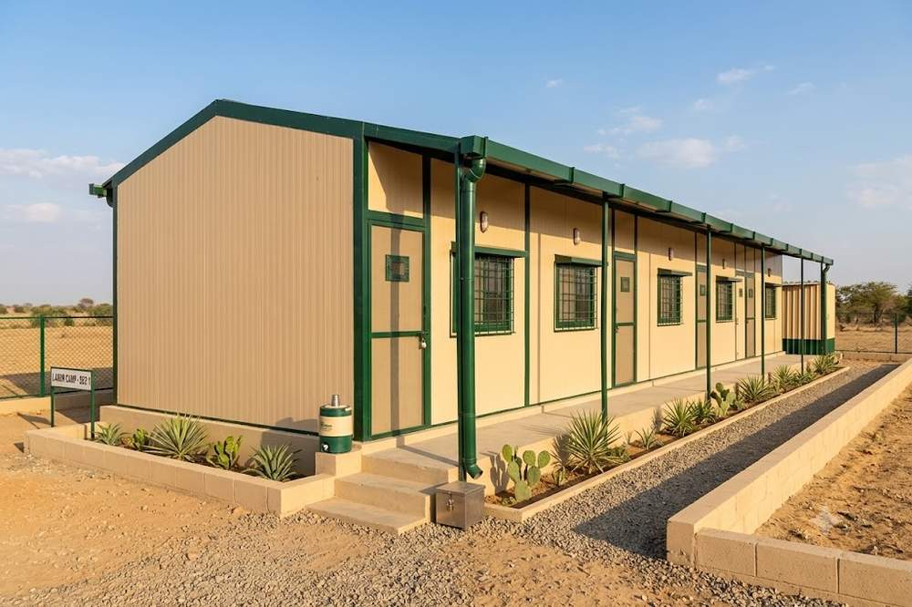 PUF Panel Site Office - Cream Green Cabin with Multiple Doors